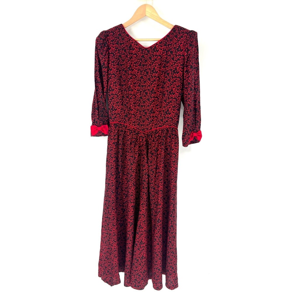 Lang Vintage 70s V-Neck Maxi Dress Womens S/M Floral Bow Pattern Red Made in USA